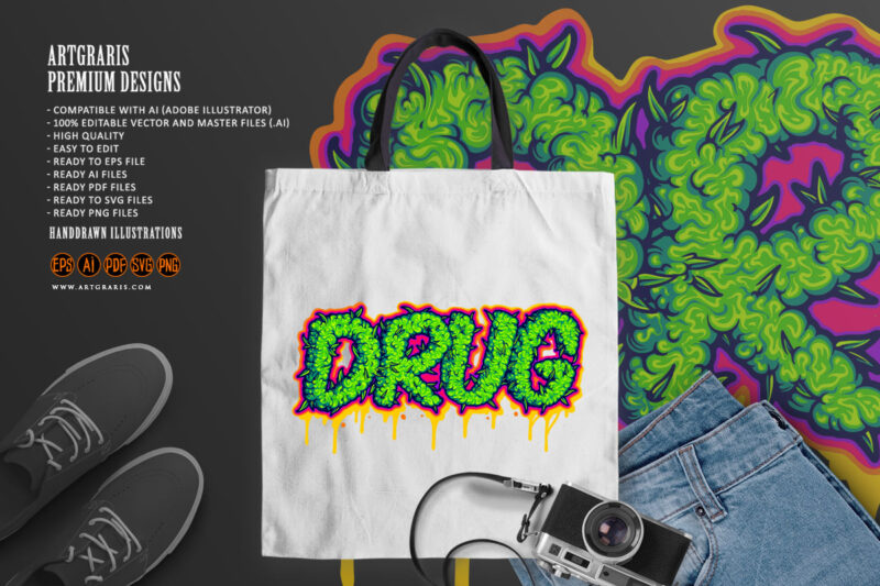 Drug word lettering with melted cannabis buds illustrations