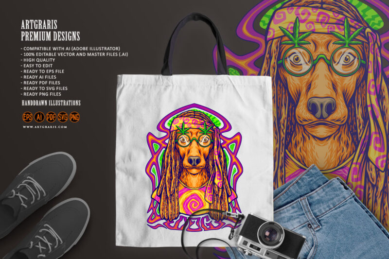 Hippie dog with psychedelic trippy frame background illustrations