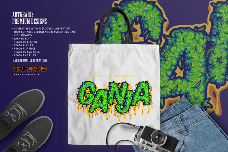 Ganja lettering word with melted flower buds letter illustrations