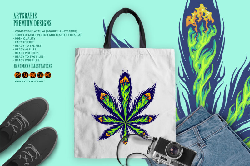 Lighting cannabis joint arrangement form into sativa leaf illustrations