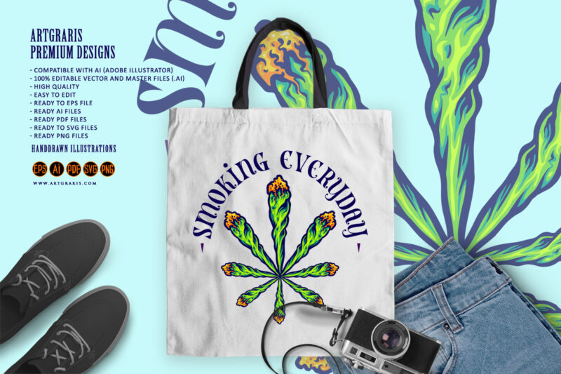 Lit weed joint form into cannabis leaf logo illustrations