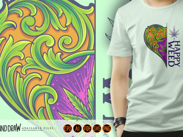 Traditional engraving ornament half heart with hemp leaf illustrations t shirt designs for sale