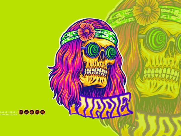 Trippy skull bohemian long haired with sunglasses illustrations t shirt designs for sale