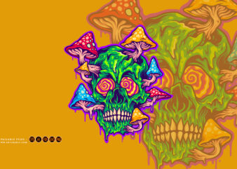 Trippy skull with psychedelic magic mushroom logo illustrations
