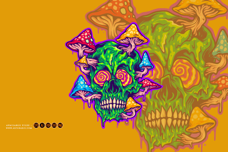 Trippy skull with psychedelic magic mushroom logo illustrations