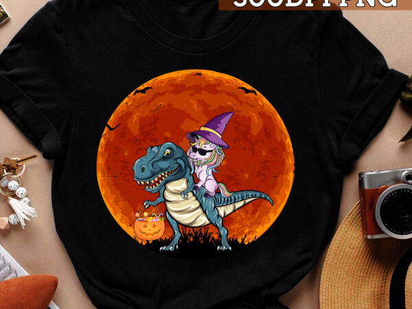 Unicorn riding mummy dinosaur t rex halloween pumpkin t-shirt tc