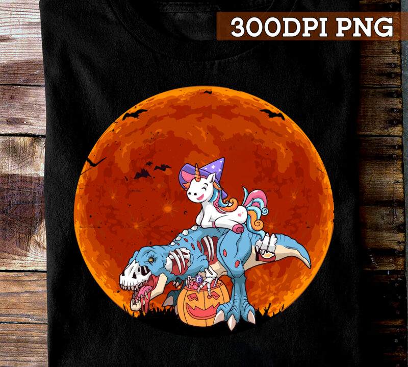 Unicorn Riding Mummy Dinosaur T rex Halloween Pumpkin T-Shirt TC 1