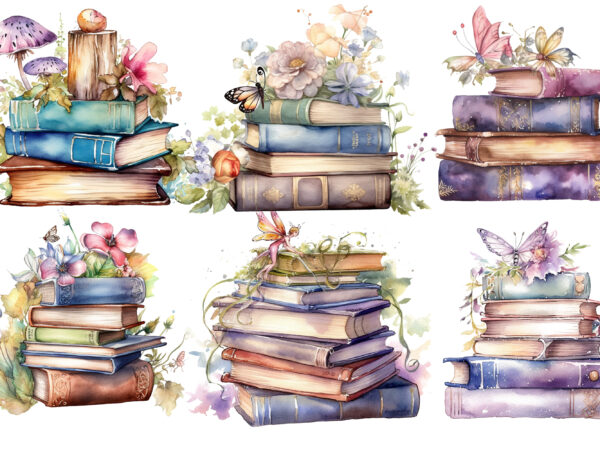 Watercolor fairy old books clipart t shirt design for sale