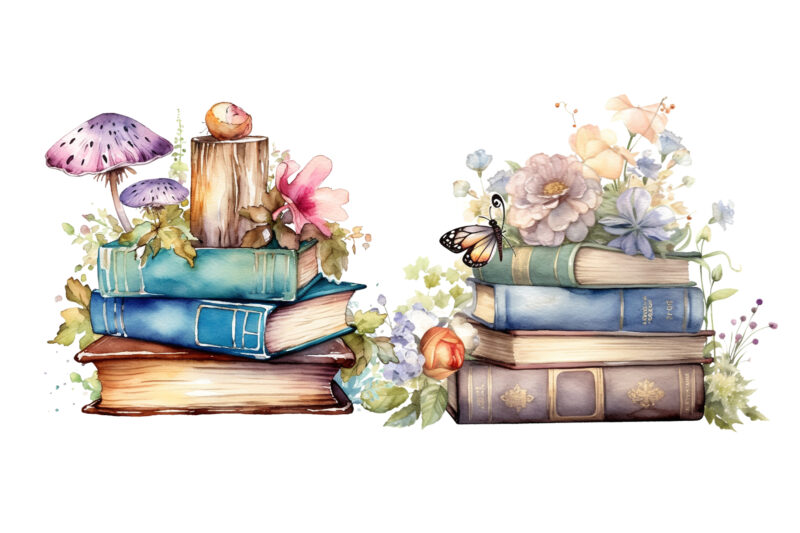 Watercolor Fairy old books clipart