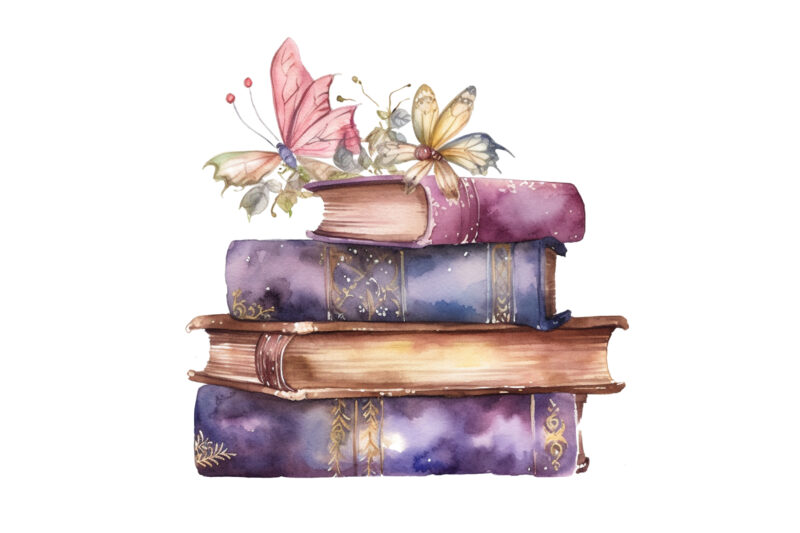 Watercolor Fairy old books clipart