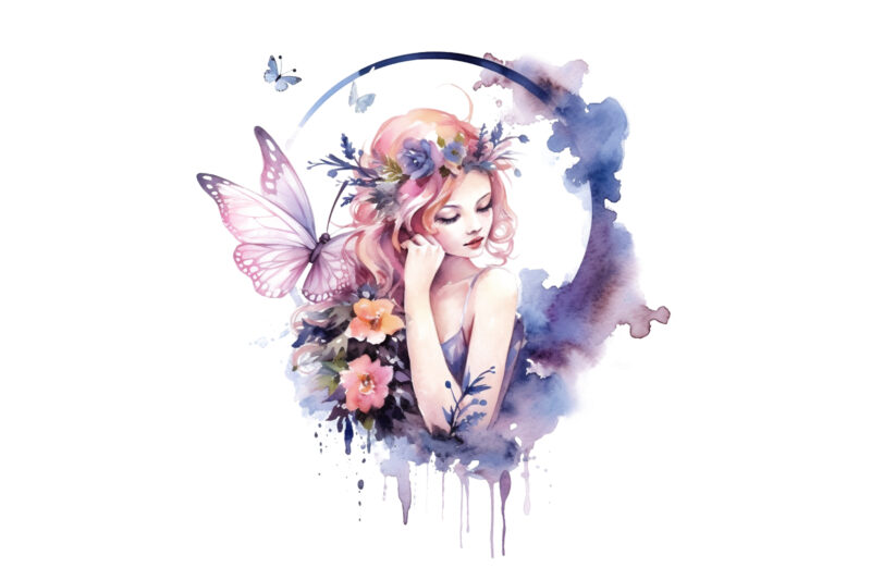 fairy, fairy tale, forest, graphic, magic, mystery, clip art, book, tale, mysterious, watercolor, scrapbooking, flower, background, illustration, spring, wedding,Watercolor Spring Fairy, With Flowers, Fairy Flowers, Fairy With Flowers Design, Watercolor