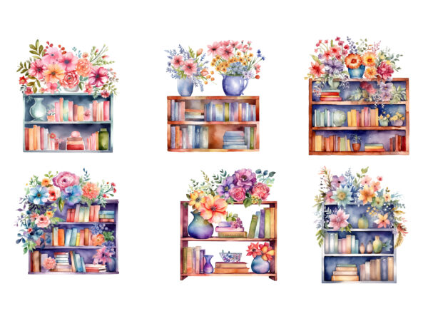 Watercolor bookshelf clipart t shirt design for sale