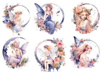 Watercolor Fairy with Flowers and the Moon clip art
