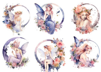 Watercolor Fairy with Flowers and the Moon clip art t shirt design for sale