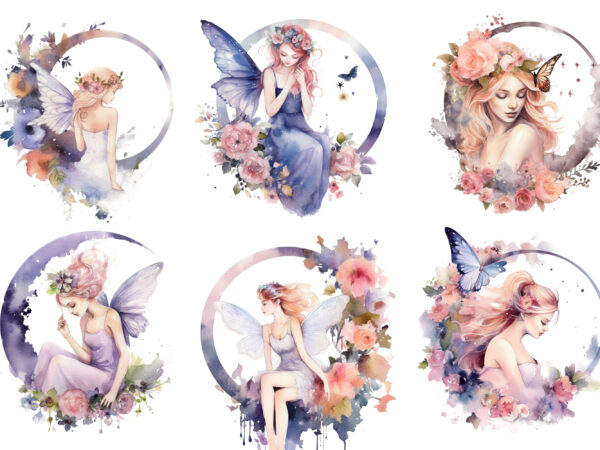 Watercolor fairy with flowers and the moon clip art t shirt design for sale