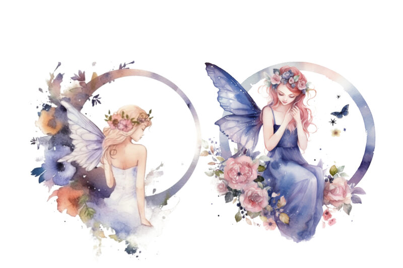 Watercolor Fairy with Flowers and the Moon clip art