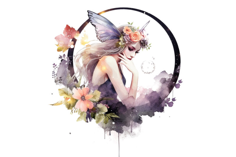 Watercolor Fairy with Flowers Clipart