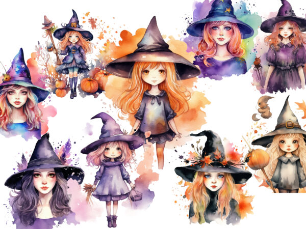 Witch girl, magical halloween, watercolor sublimation clipart, stickers, png, print on demand, witch sublimation, witch clipart, witch stickers, witch png, witch print on demand, witch printable, witch bundle, witch t-shirt,