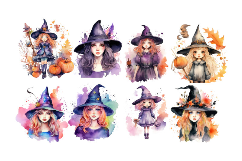 Witch Girl, Magical Halloween, Watercolor Sublimation Clipart, Stickers, Png, Print On Demand, Witch Sublimation, Witch Clipart, Witch Stickers, Witch Png, Witch Print On Demand, Witch Printable, Witch Bundle, Witch T-shirt,