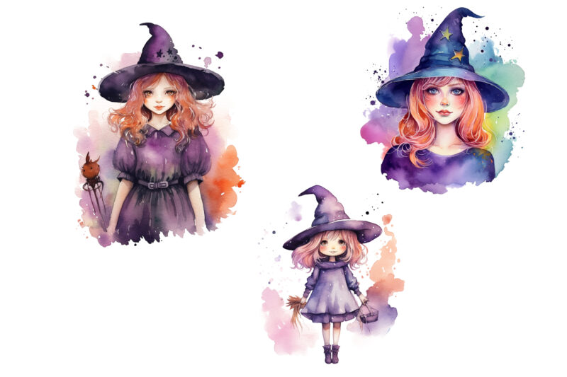 Witch Girl, Magical Halloween, Watercolor Sublimation Clipart, Stickers, Png, Print On Demand, Witch Sublimation, Witch Clipart, Witch Stickers, Witch Png, Witch Print On Demand, Witch Printable, Witch Bundle, Witch T-shirt,