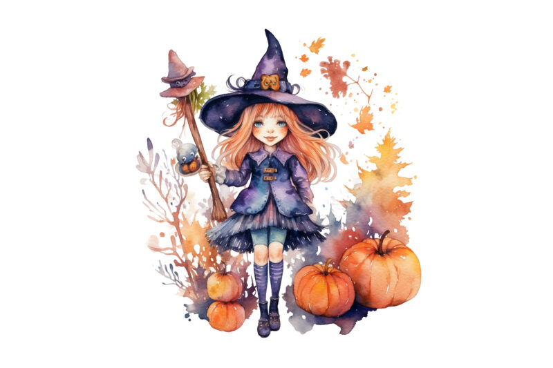 Witch Girl, Magical Halloween, Watercolor Sublimation Clipart, Stickers, Png, Print On Demand, Witch Sublimation, Witch Clipart, Witch Stickers, Witch Png, Witch Print On Demand, Witch Printable, Witch Bundle, Witch T-shirt,