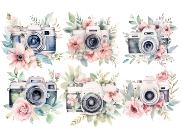 Watercolor camera with flower t shirt design for sale