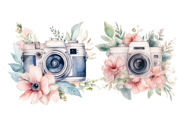 watercolor camera with flower