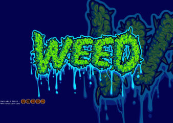 Weed word lettering with melted buds text illustrations t shirt design for sale