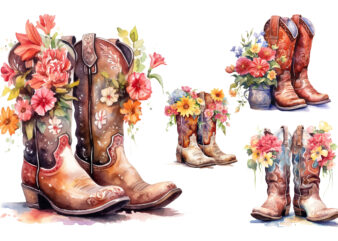 Western Boots with Flowers, Watercolor