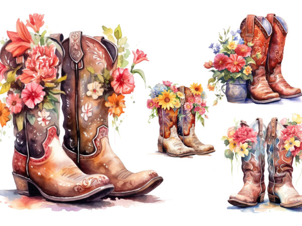 Western boots with flowers, watercolor t shirt design for sale