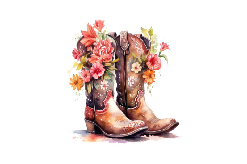 Western Boots with Flowers, Watercolor