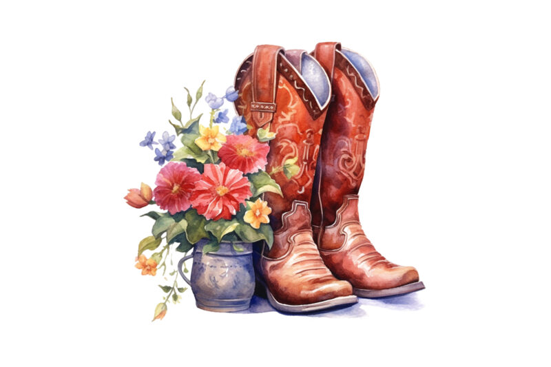 Western Boots with Flowers, Watercolor