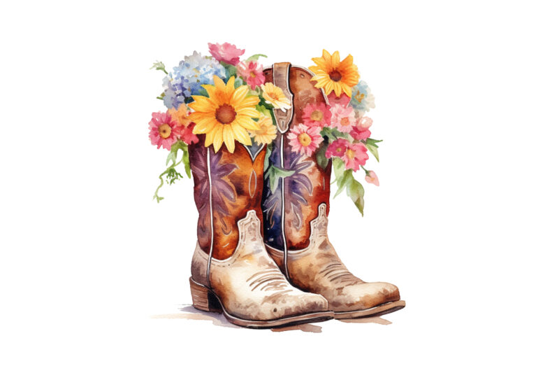 Western Boots with Flowers, Watercolor
