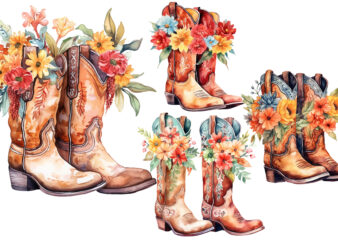 Western Floral Boots Watercolor Clipart t shirt design for sale