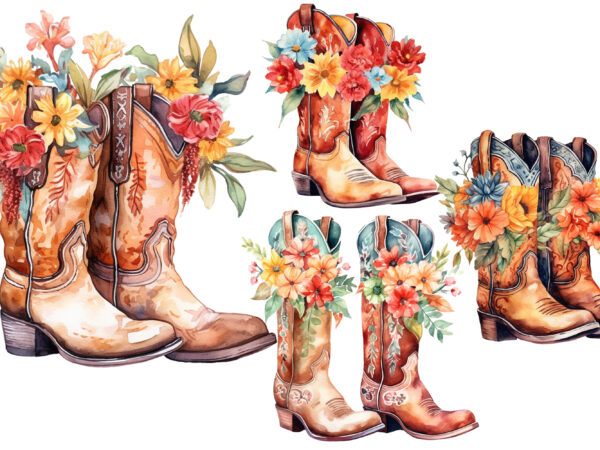 Western floral boots watercolor clipart t shirt design for sale