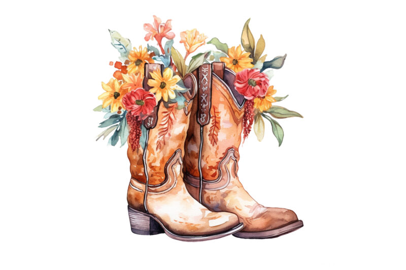 Western Floral Boots Watercolor Clipart