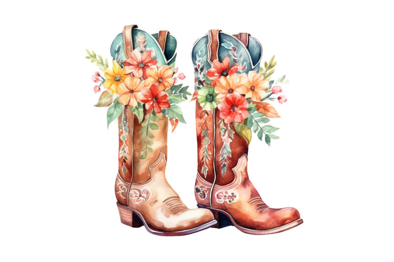 Western Floral Boots Watercolor Clipart