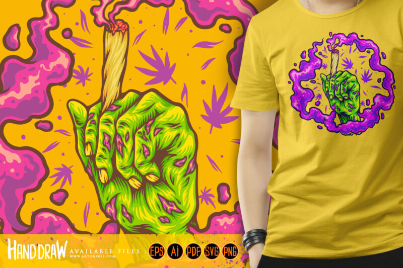 Zombie hand holding marijuana joint logo illustrations