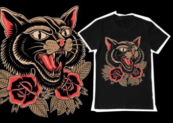 Black cats traditional tattoo for t-shirt