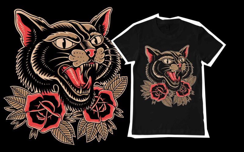 Black cats traditional tattoo for t-shirt