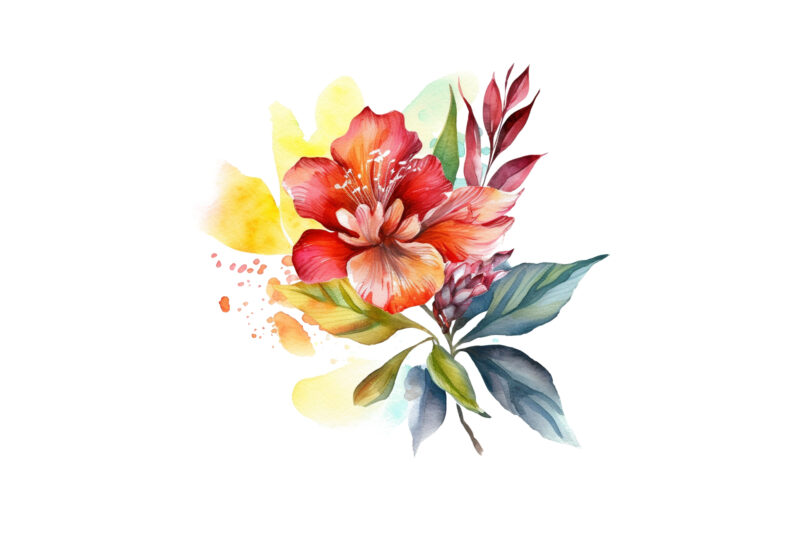 Watercolor Painting Flower with Leaf