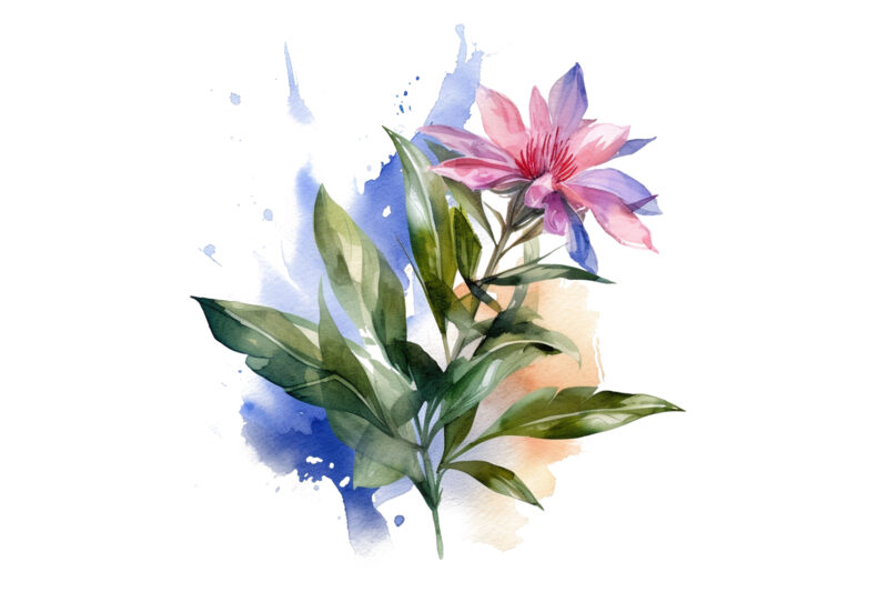 Watercolor Painting Flower with Leaf