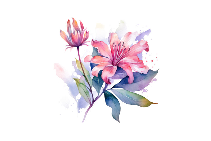 Watercolor Painting Flower with Leaf