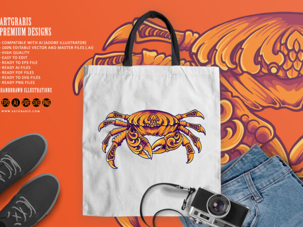 Gorgeus crab with classic engraved ornament logo illustrations t shirt design template