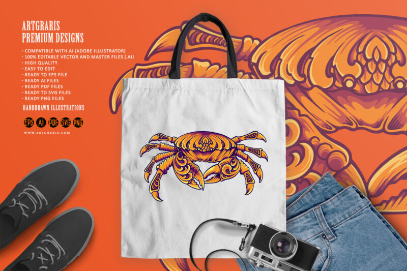 gorgeus crab with classic engraved ornament logo illustrations