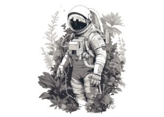 graphic illustration, astronaut, cyberpunk, plants with astronaut, futuristic, still life, surreal, surrealism, 1 color layer, white on white background, digital illustration, vectors, vectorization, digital design, design for shirt, style for screen printing, screen printing