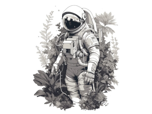 Graphic illustration, astronaut, cyberpunk, plants with astronaut, futuristic, still life, surreal, surrealism, 1 color layer, white on white background, digital illustration, vectors, vectorization, digital design, design for shirt, style for