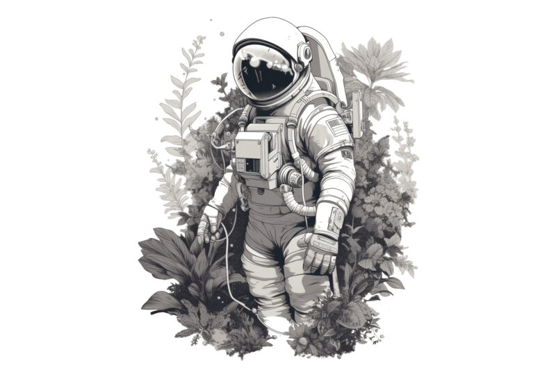 graphic illustration, astronaut, cyberpunk, plants with astronaut, futuristic, still life, surreal, surrealism, 1 color layer, white on white background, digital illustration, vectors, vectorization, digital design, design for shirt, style for