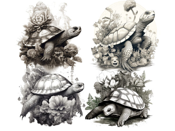 Graphic illustration, turtle, plants, floating turtle, t shirt design template