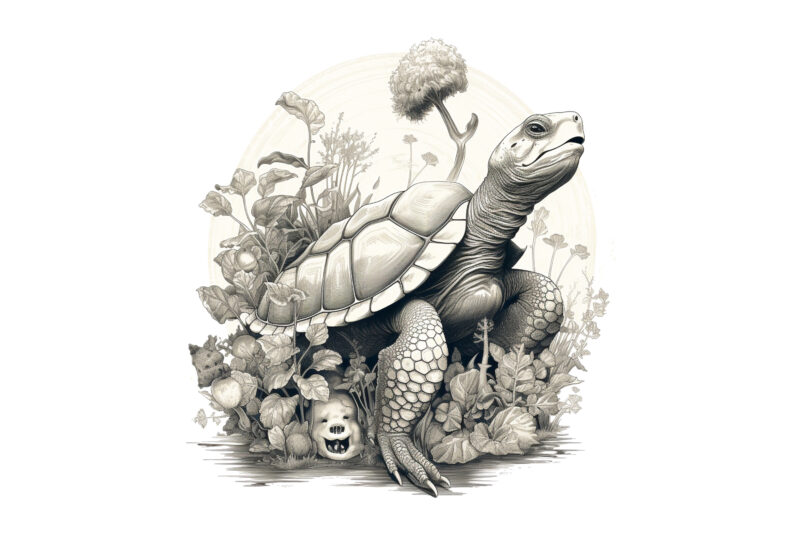graphic illustration, turtle, plants, floating turtle,